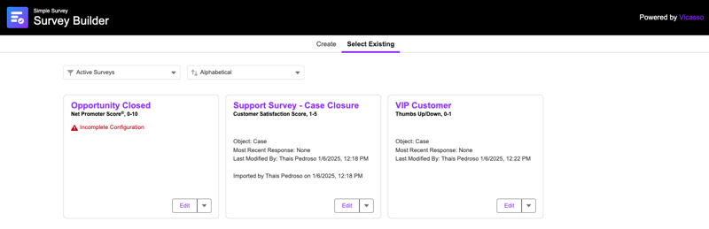 select existing tab of the survey builder